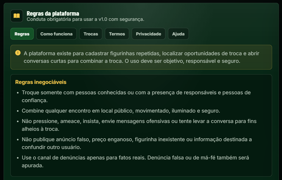 Área de regras da plataforma